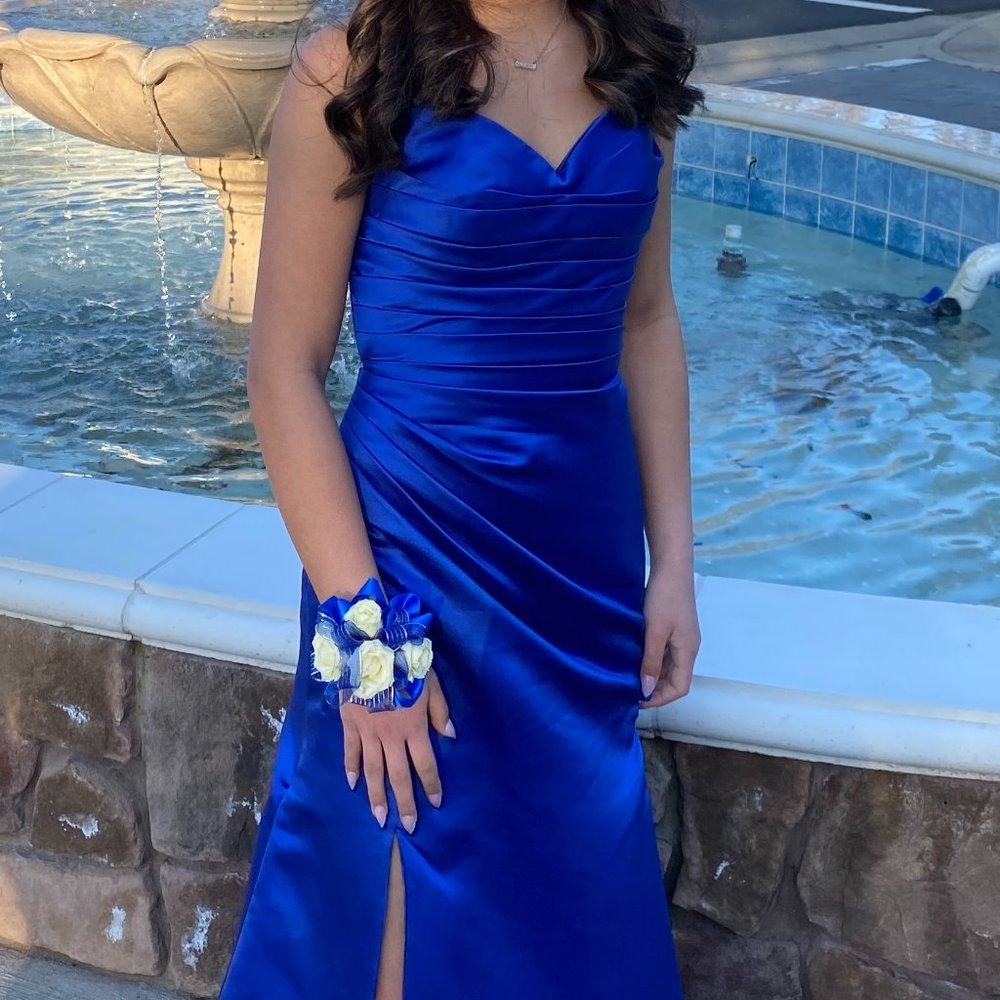 Bright Blue Satin Tie Back Prom Dress